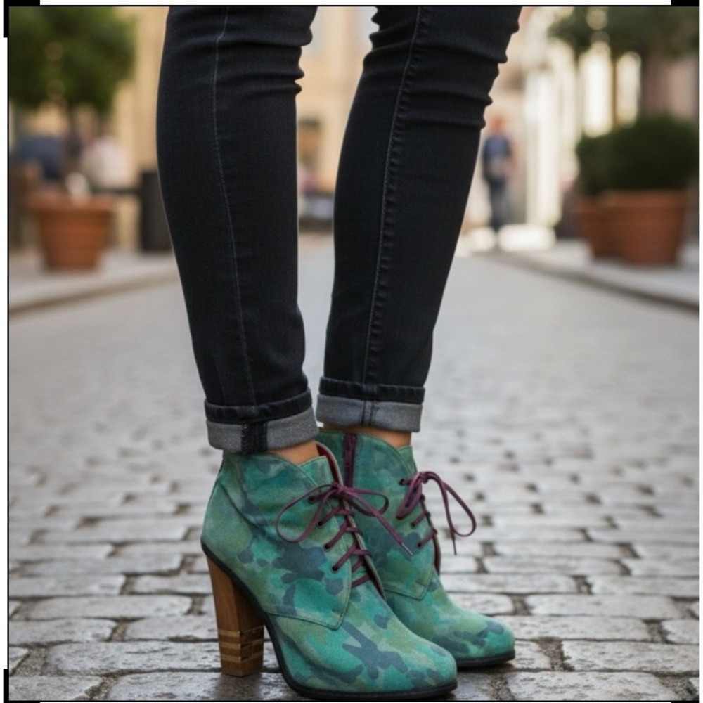 Hilfiger Collection Spring 12' Suede Camo Wood Heel Lace Up Booties 11